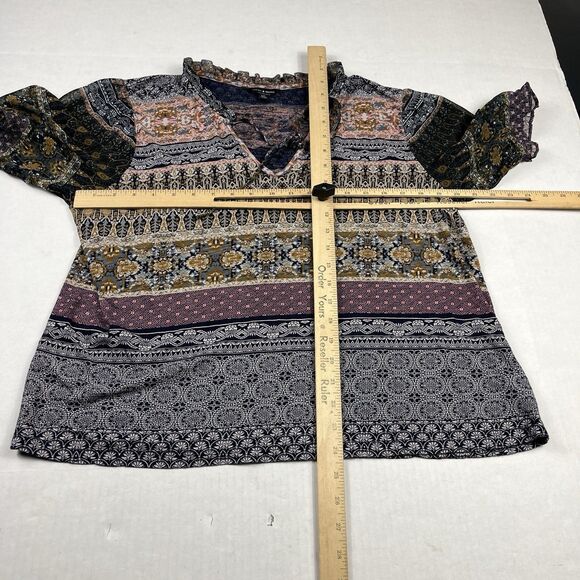 Lucky Brand Boho Patchwork Print Ruffle Trim Blouse Large Festival Soft Flowy - Picture 6 of 11